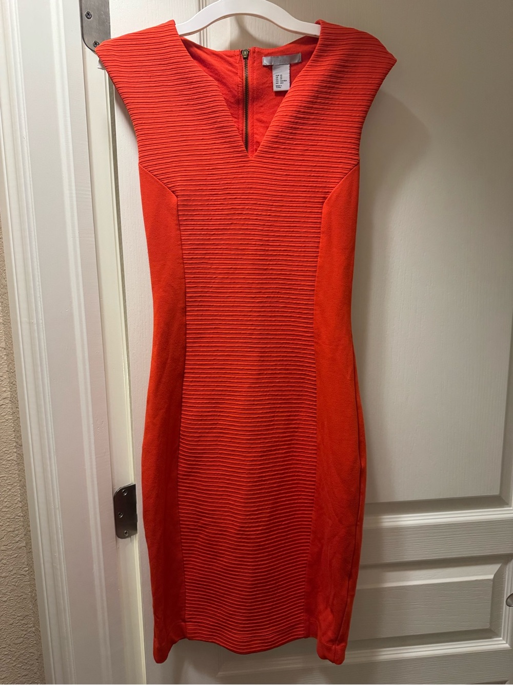 H&M Orange Ribbed V-Neck Midi Sheath Dress